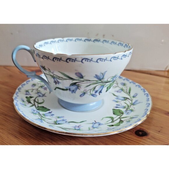 Shelley Harebell Pattern Oleander Blue & Green Henley Shaped Tea Cup and Saucer - Picture 8 of 12
